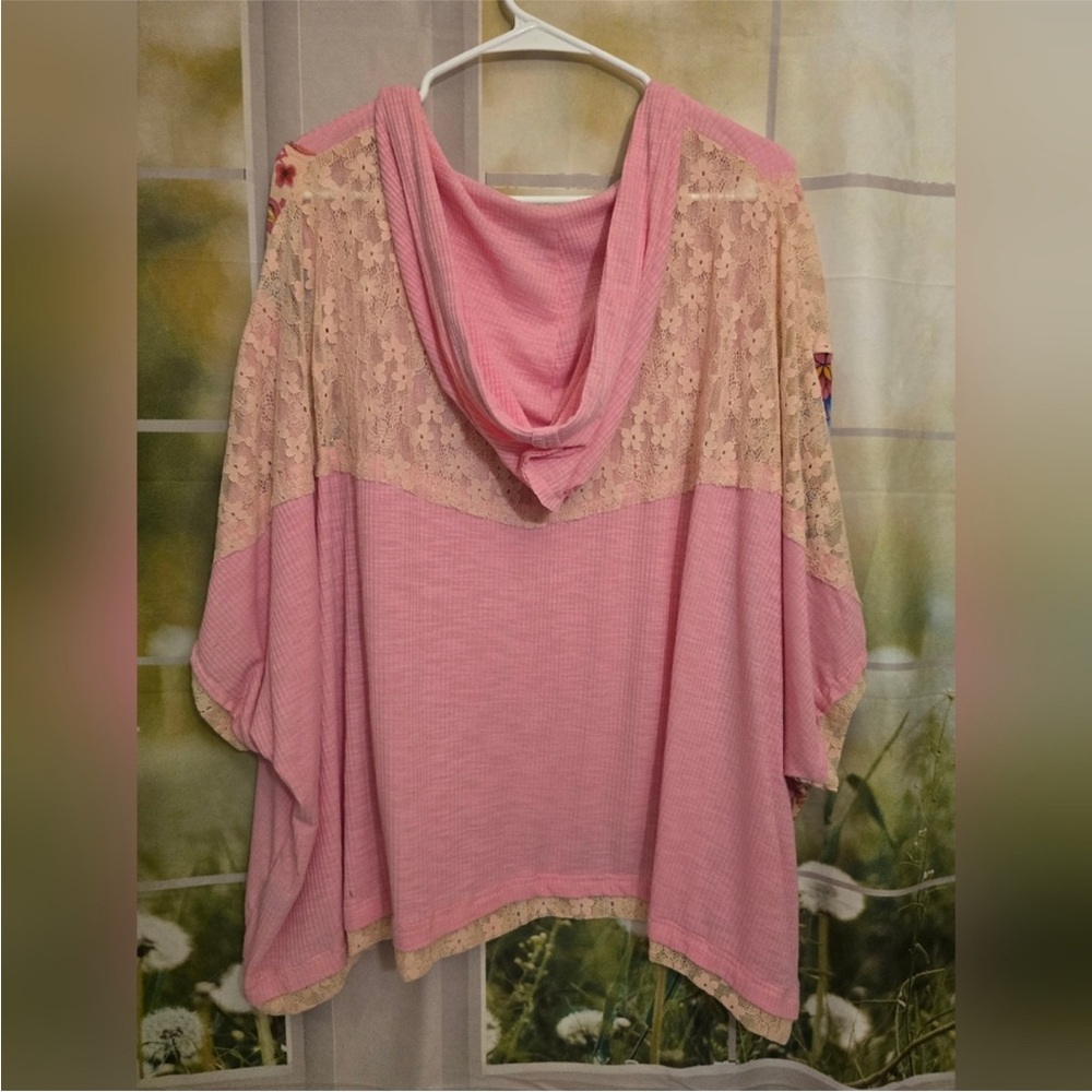 NEW POL Pink Blush Oversized Peace Sign Floral Mixed Media V-Neck Hoodie Top S - Picture 9 of 9
